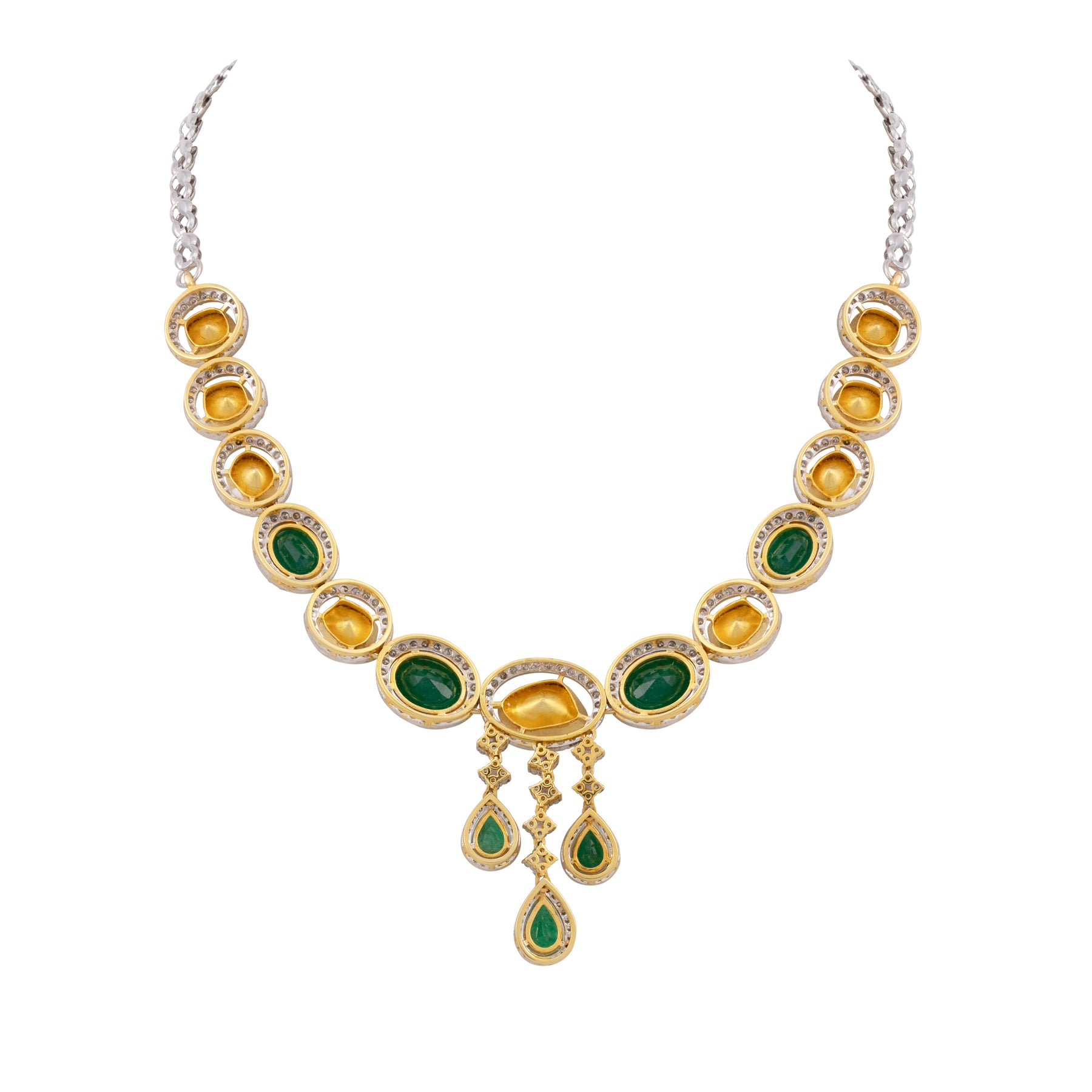 Polki and Zambian Emerald Necklace with Cascading Drops